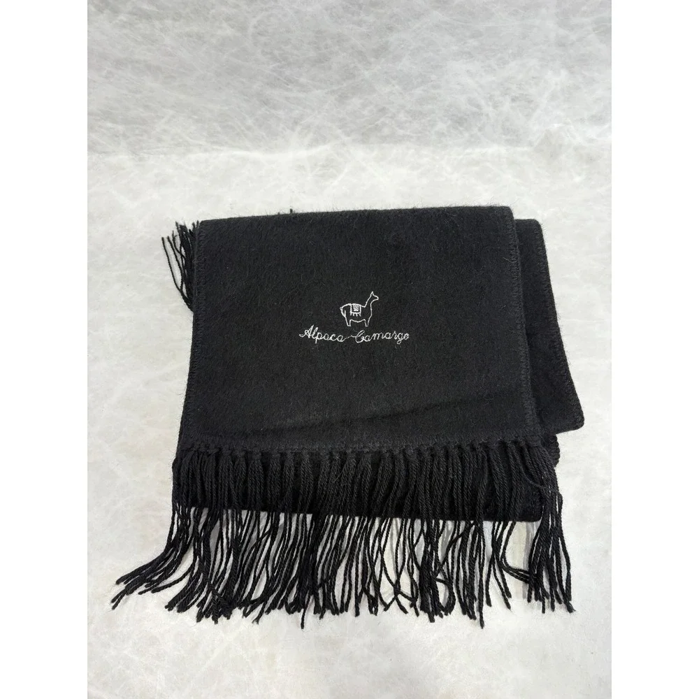Alpaca Camargo‎ Black Scarf Embroidered Logo Fringe Made in Peru Alpaca Wool